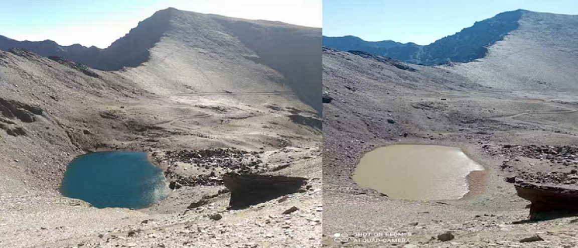 Laguna de alta montaña de La Caldera (Sierra Nevada, España) antes y después del evento de deposición de polvo sahariano en marzo de 2022. Cortesía Alejandra Fernández. Universidad de Granada 