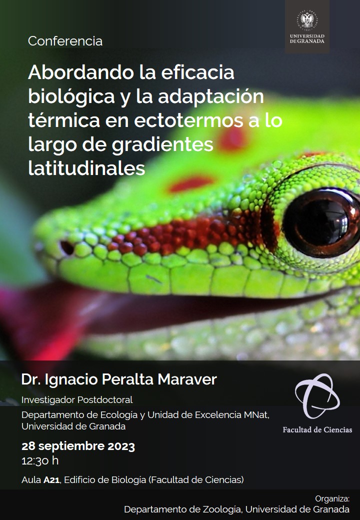 Cartel de la conferencia "Abordando la eficacia biológica y la adaptación térmica en ectotermos a lo largo de gradientes latitudinales"
